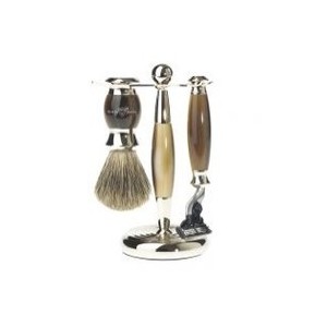 Edwin Jagger Set de rasage 3 pièces en imitation corne et métal finition nickel .
