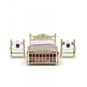 Lundby - L602041 - Maison de Poupée - Ensemble Lit métallique à barreaux+ Chevets - Smaland
