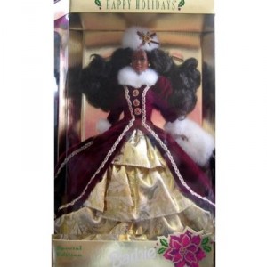 Mattel BARBIE HAPPY HOLIDAYS boite vitrine de NOEL ROBE DE BAL EN VELOUR BORDEAU ET DORE - poupée NOIRE - b...
